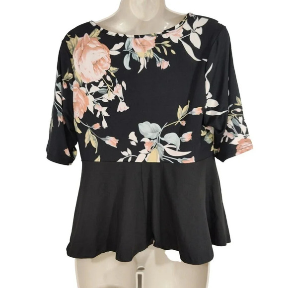 Shein Curve Black Pink Floral Peplum Top Vneck Women Plus Size 0XL Short Sleeve - Picture 4 of 7